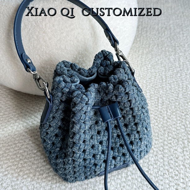 Xiao Qi时尚牛仔托特包小众百搭花篮包手工编织抽绳腋下包精致韩