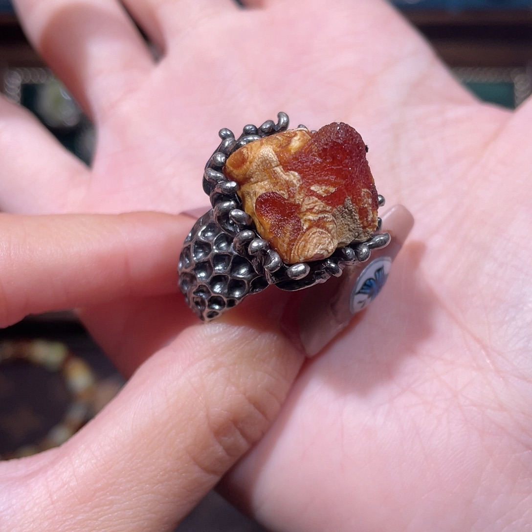 琥珀银S925镶嵌戒指