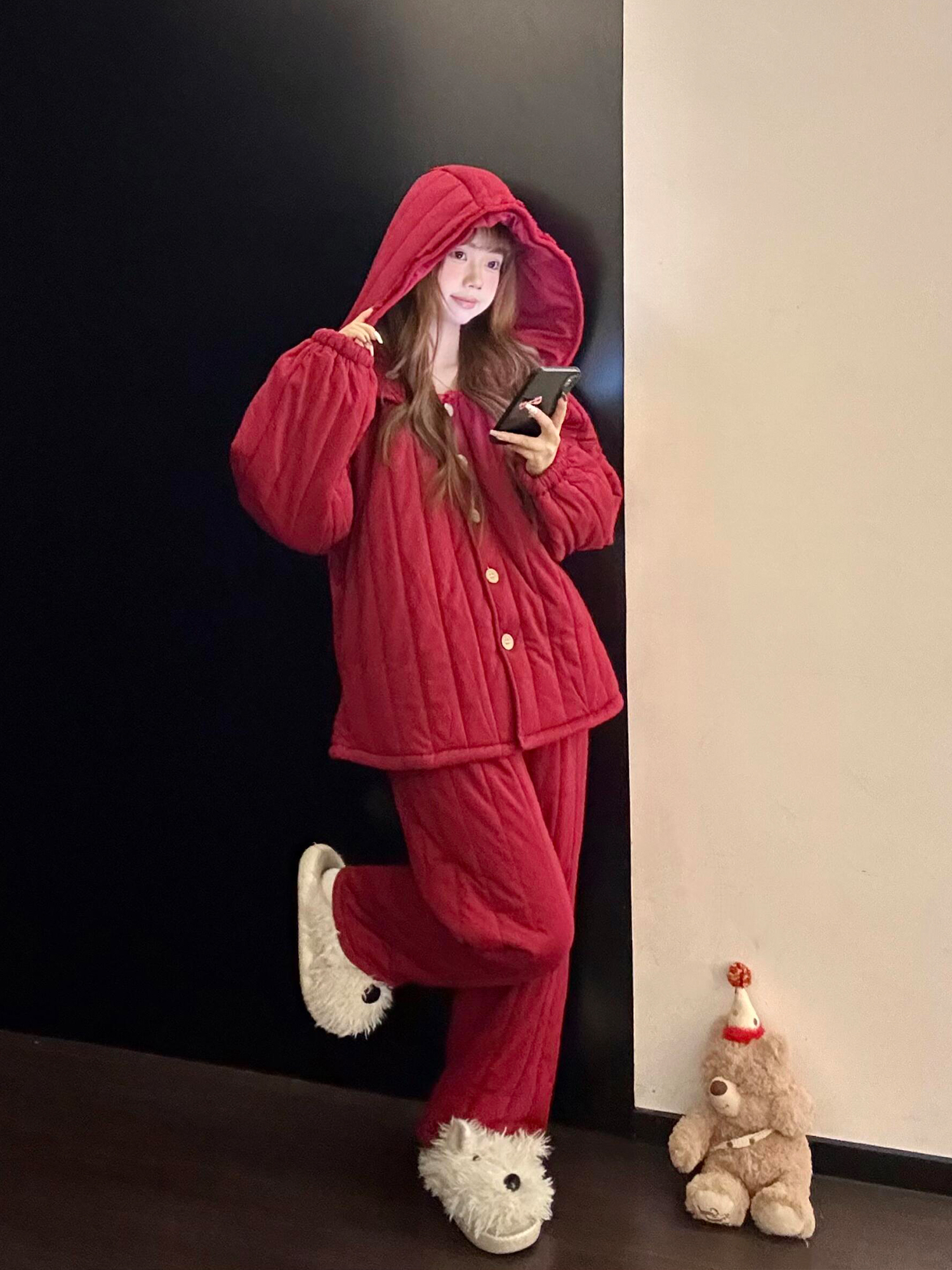 复古简约高级感红色夹棉连帽睡衣女冬季加绒加厚家居服套装可外穿