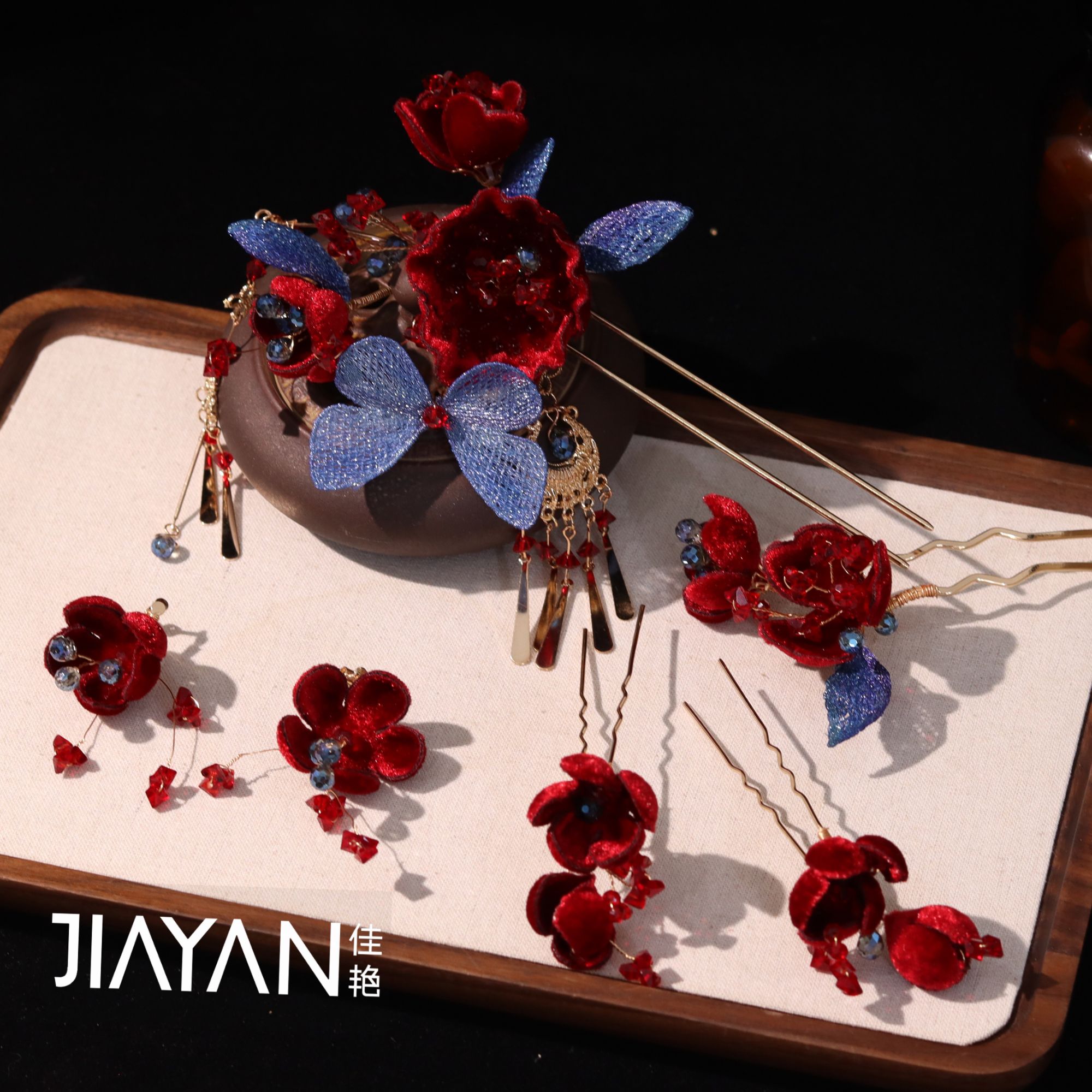 5103超仙酒红色绒花蝴蝶发簪新娘中式气质百搭秀和服敬酒服头饰