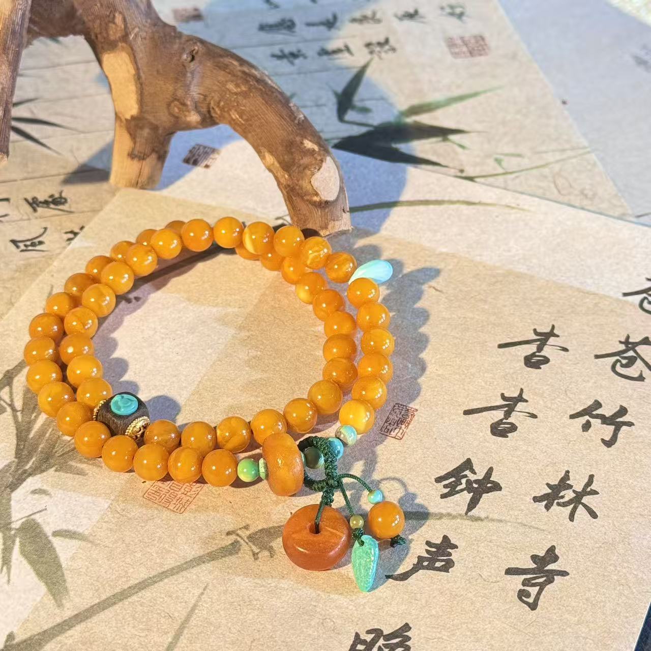 【景润·无相】6mm+天然老花蜡蜜蜡橘皮石膏饼子双圈女款设计手链