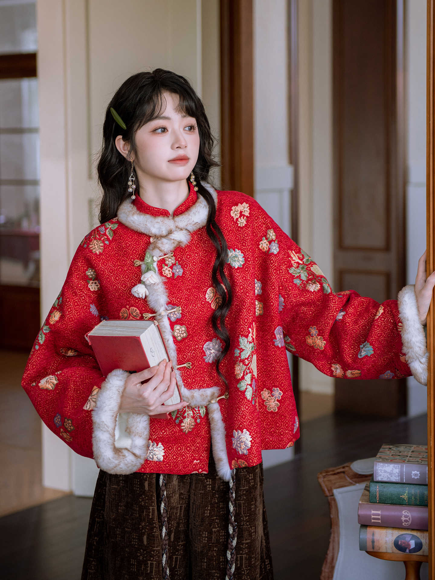 【金玉茶】复古红色提花加绒保暖外套阔腿裤百搭超好看过年套装