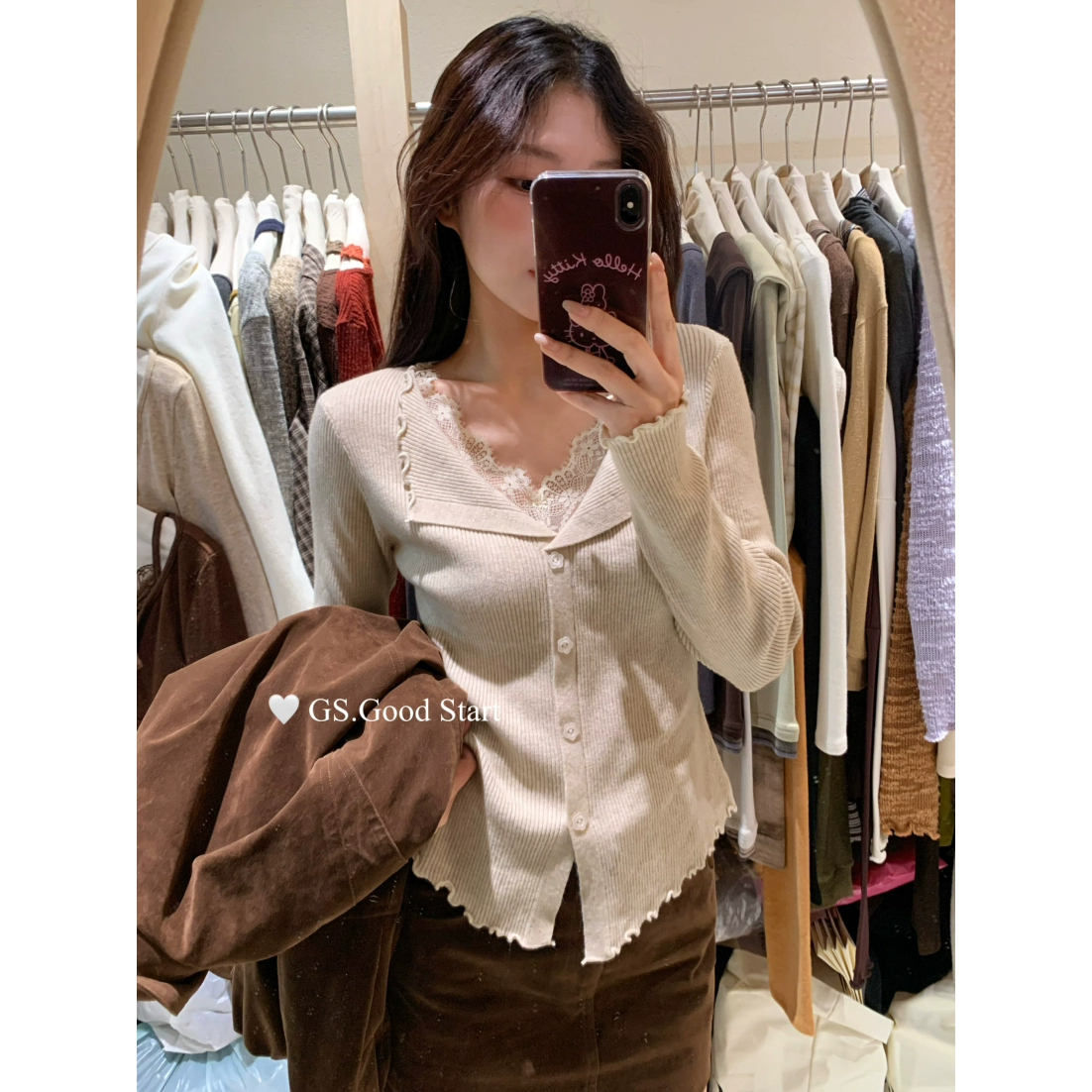 2025秋季新款法式V领蕾丝拼接翻领短款长袖修身针织开衫上衣女