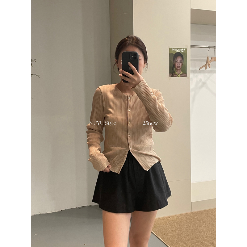慕予【麦穗黄昏】ounc*25新款简约纯色褶皱长袖打底衫女上衣