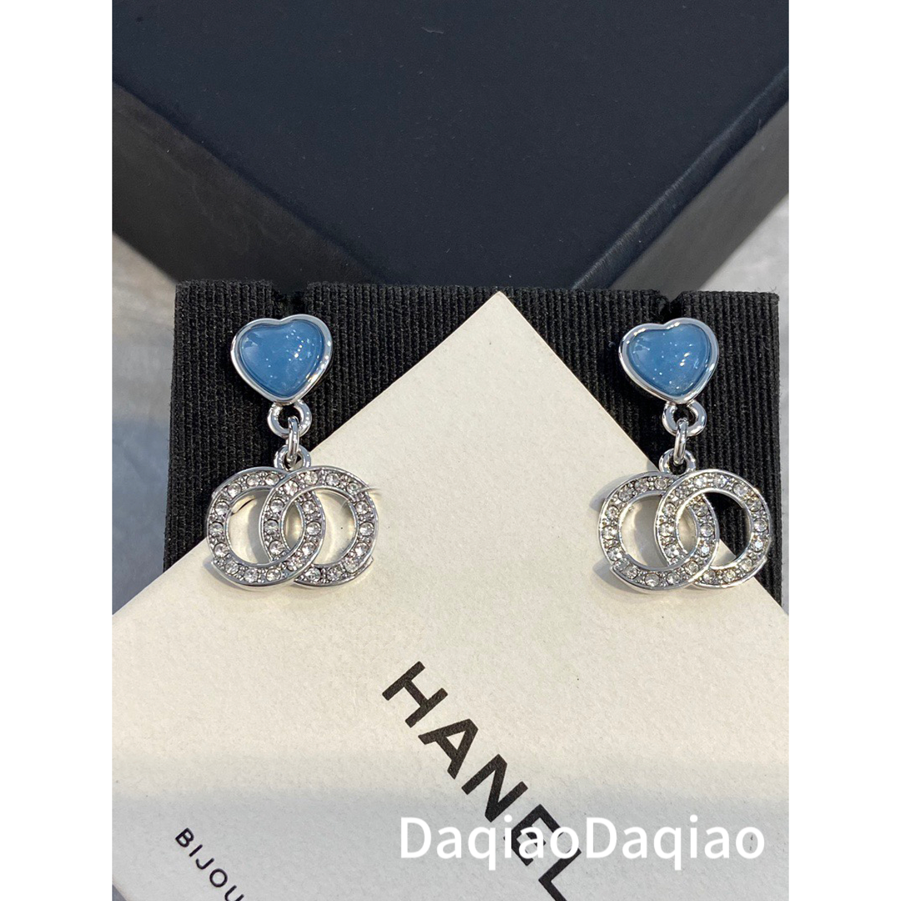 铜合金合成锆石耳饰 蓝色爱心闪钻圆圈耳钉00Y251
