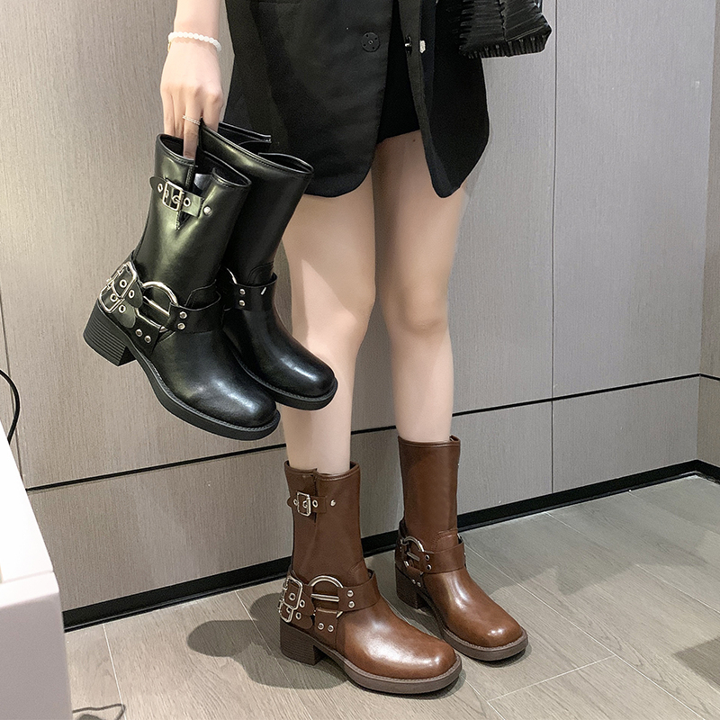 粗跟增高西部马丁靴女2025秋季新款英伦风骑士靴小个子百搭短靴