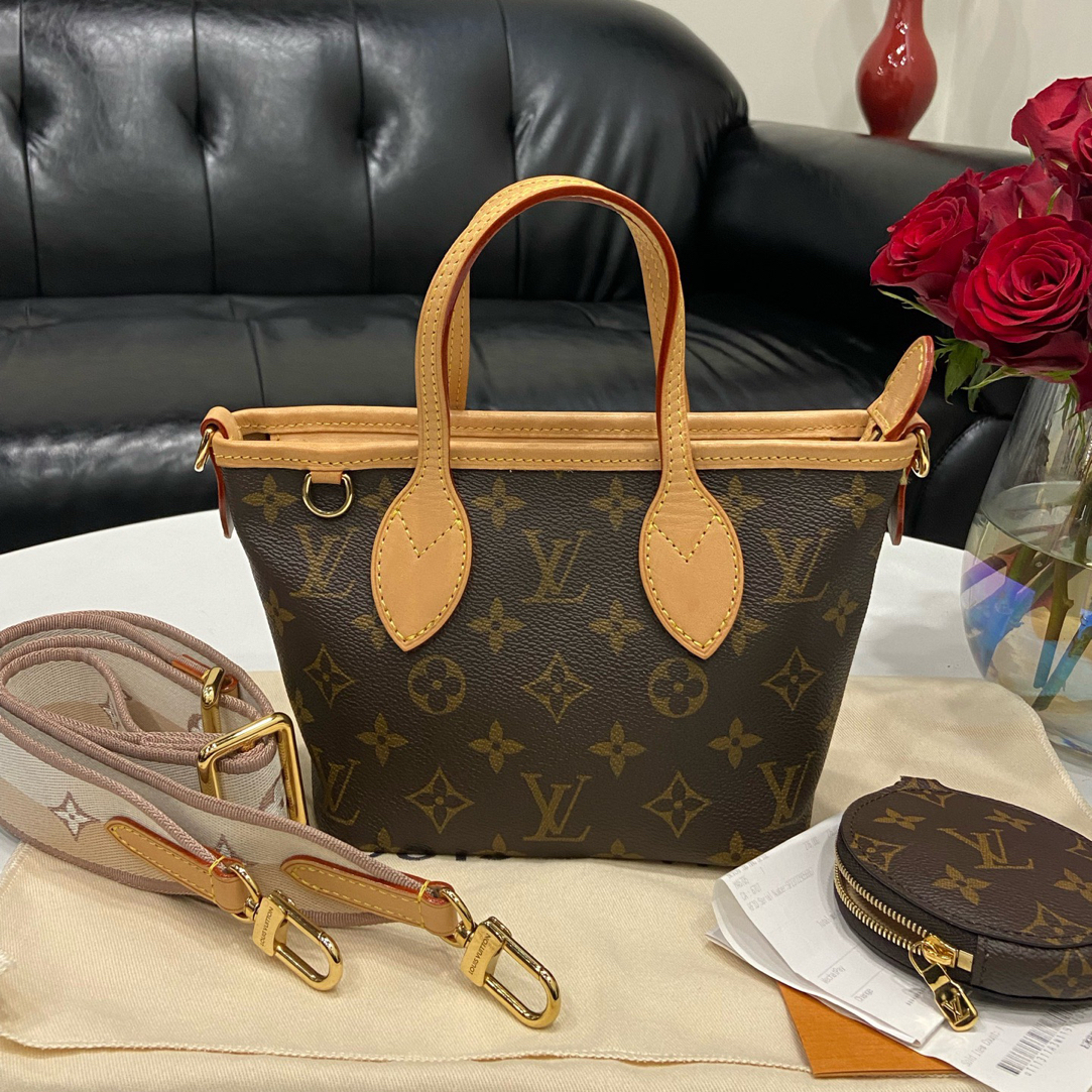 95新 LouisVuitton/路易威登 neverfullbb奶茶色肩带