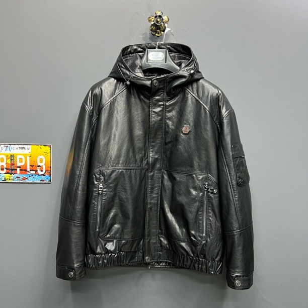 新款加厚真皮皮衣男男宽松型连帽保暖皮衣冬季98137