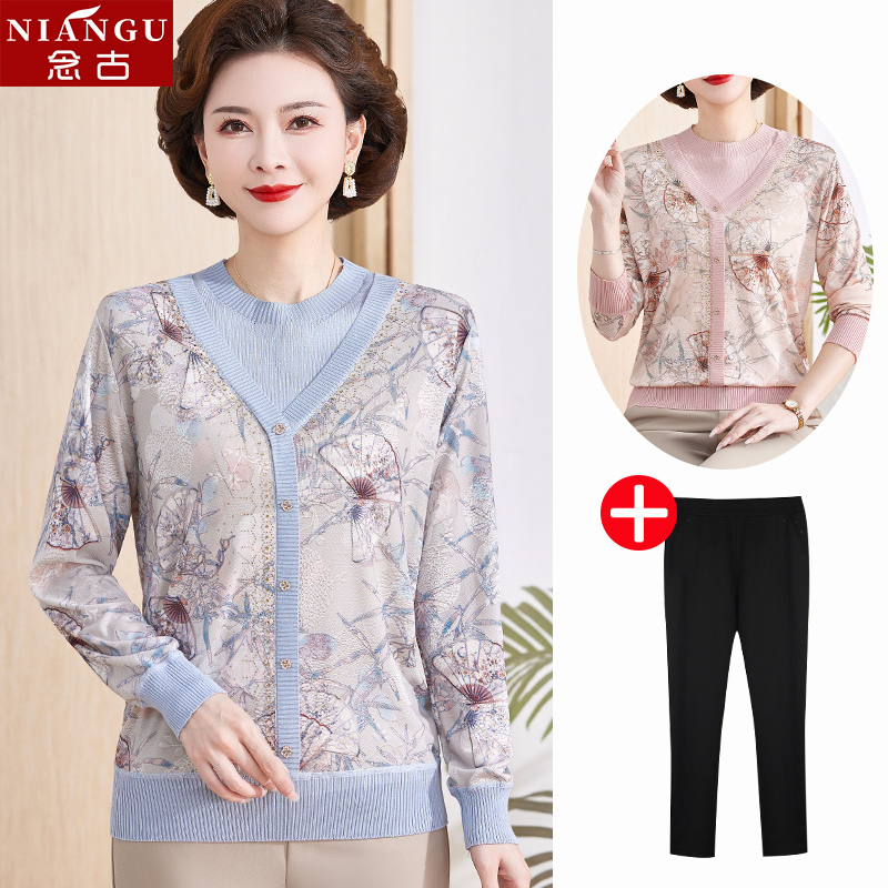 2025新款妈妈春装长袖上衣T恤洋气中老年假两件宽松冰丝打底小衫