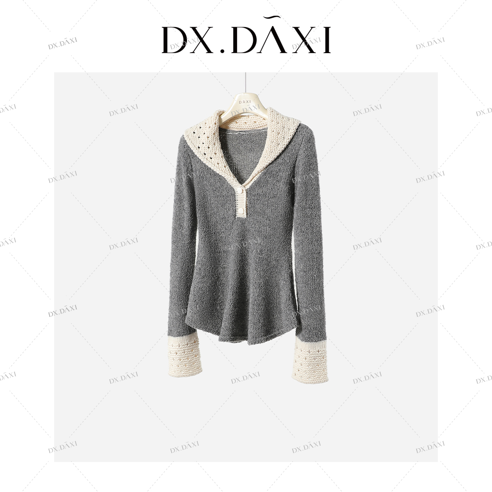 代大喜【温斯顿风铃】修身拼接镂空羊毛针织衫女款秋冬洋气打底毛衣