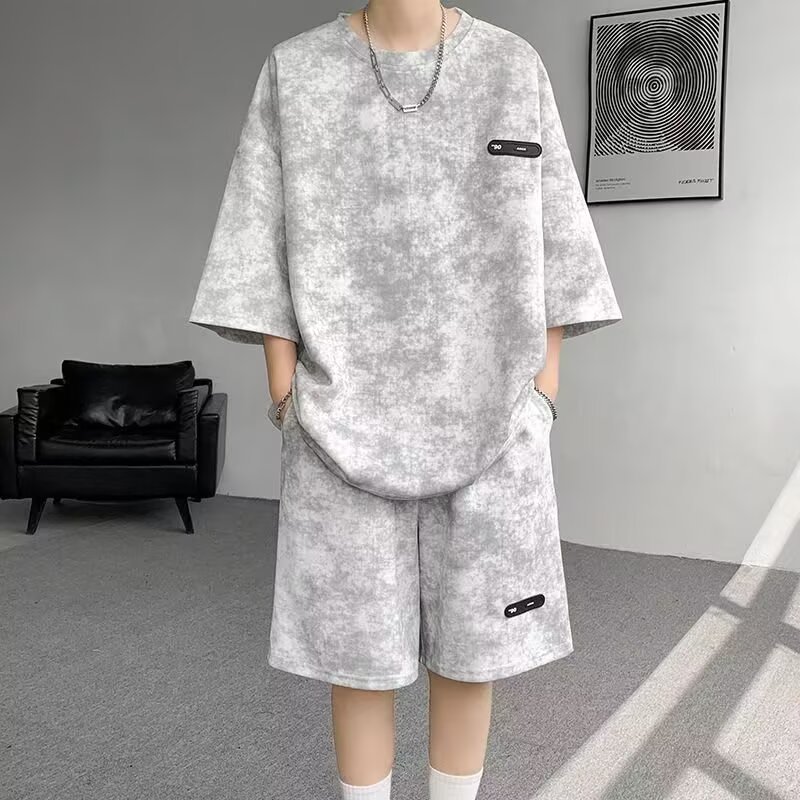 夏季男士时尚个性扎染字母短袖套装男潮流慵懒风宽松舒适短裤套装