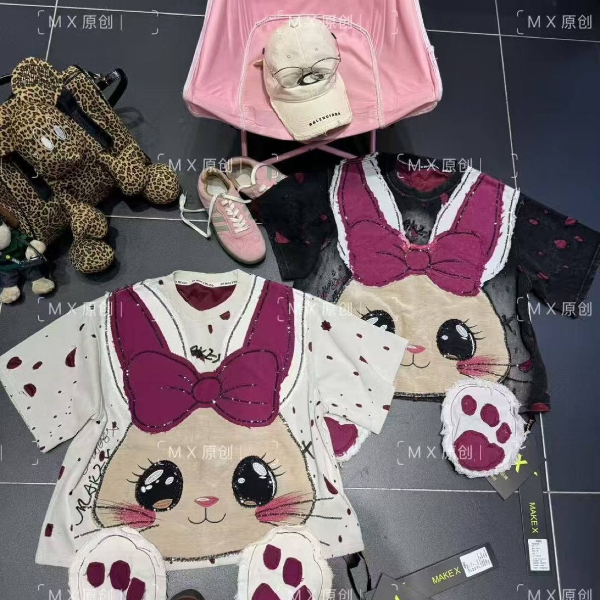  秋冬烧花兔子短袖宽松型百搭洋气韩版亮片潮牌时尚重工T恤