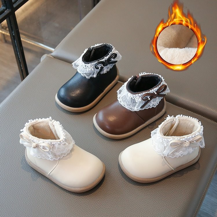 侧拉链公主风女休闲风皮靴棉靴加绒冬季公主皮鞋
