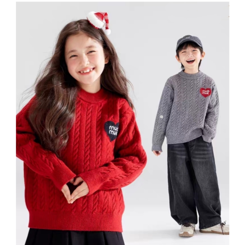 圣诞款儿童毛衣麻花圆领红色女童加厚冬季套头打底中大童兄妹装