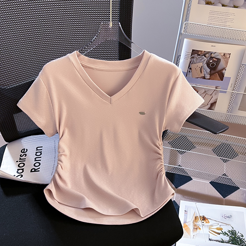 粉色正肩短袖t恤女夏2025新款收腰显瘦体恤设计感小众短款v领上衣