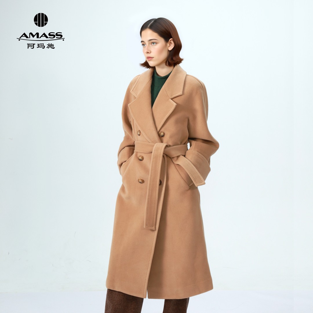 阿玛施【官方正品】新款静奢风绵羊毛翻领双排扣双面呢大衣5400861 