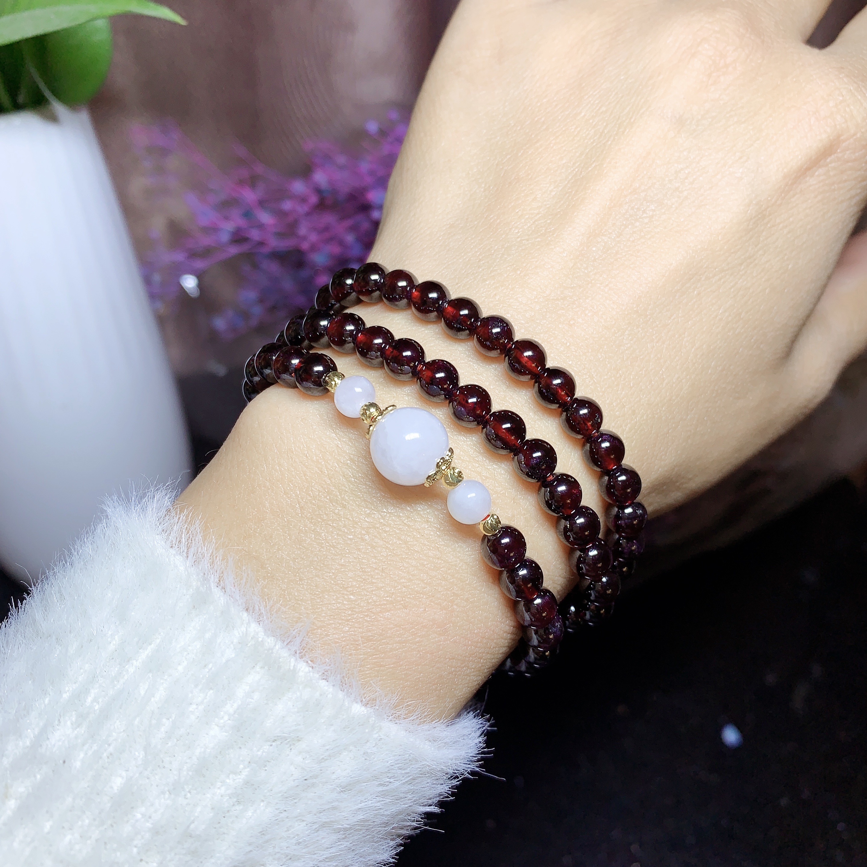 【时空】63L酒红色石榴石卡6多圈搭配翡翠配件时尚手串