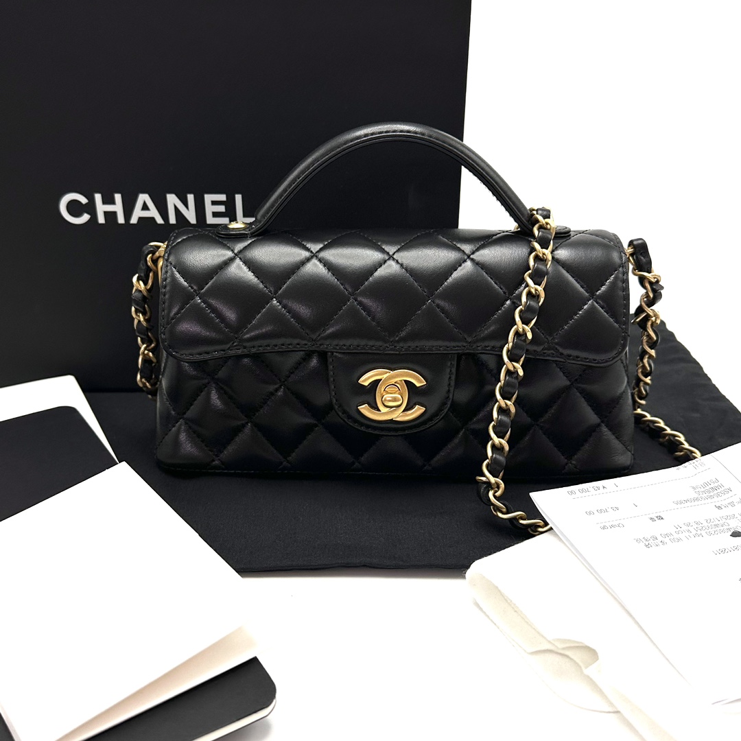 99新 Chanel/香奈儿 黑金25p小号kelly羊皮手提斜挎包73781