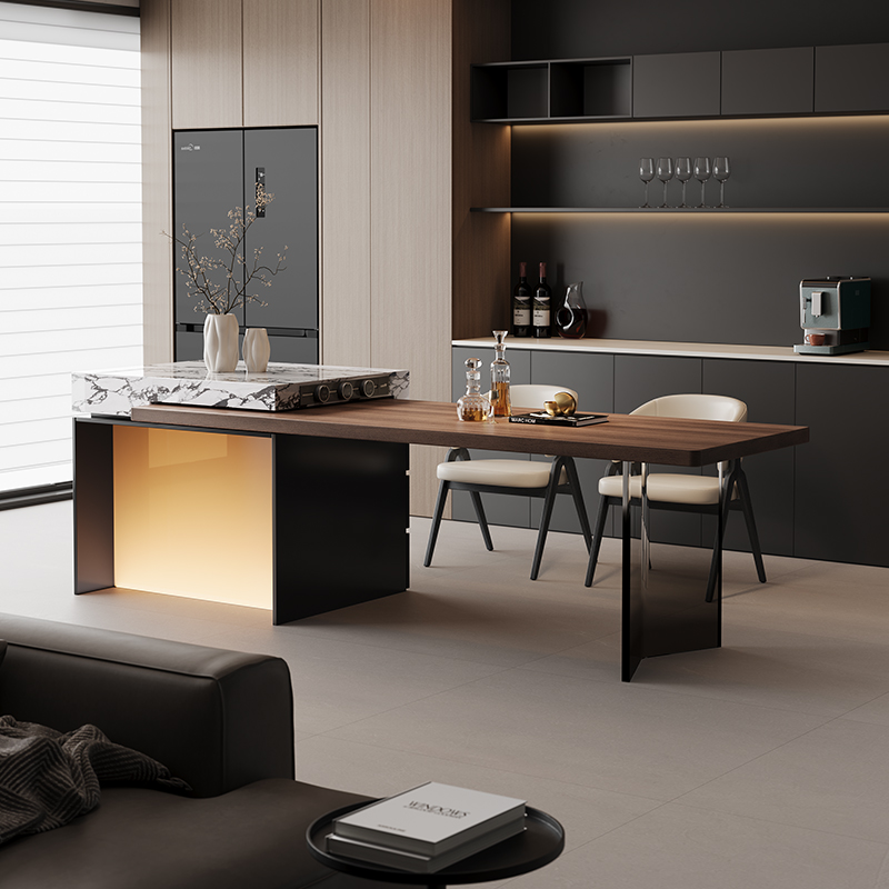 意式发光岛台餐桌一体可伸缩家用客厅餐桌多功能岛台吧台设计