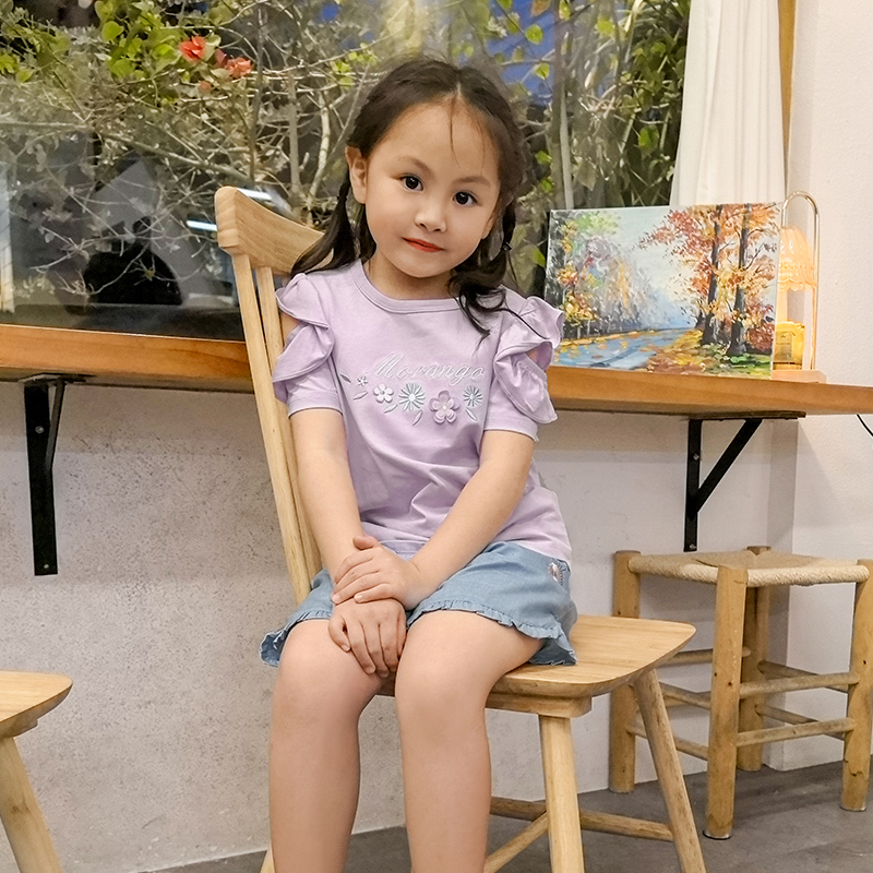 【童装】8009儿童女童儿童节短袖T恤紫色夏季上衣大童宝宝小童夏款