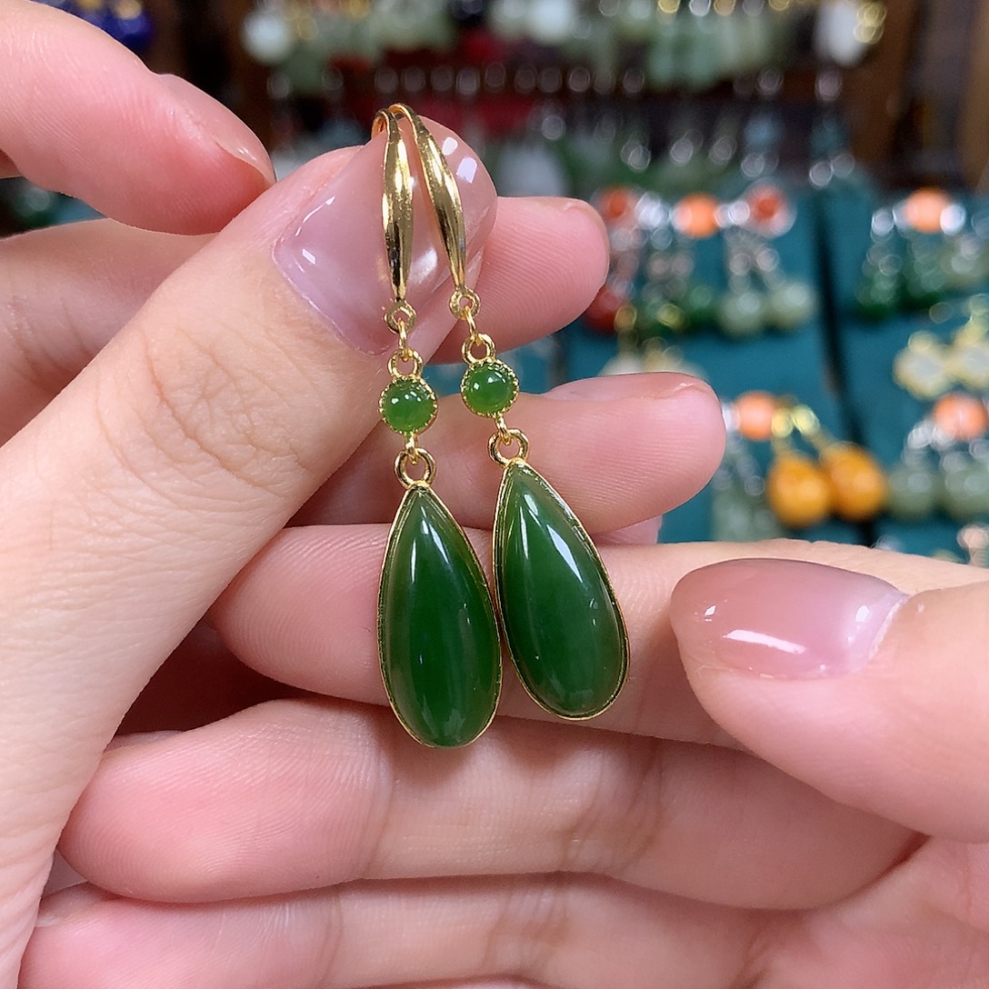 和田玉（碧玉）银S925镶嵌耳饰水滴卡18.5左右