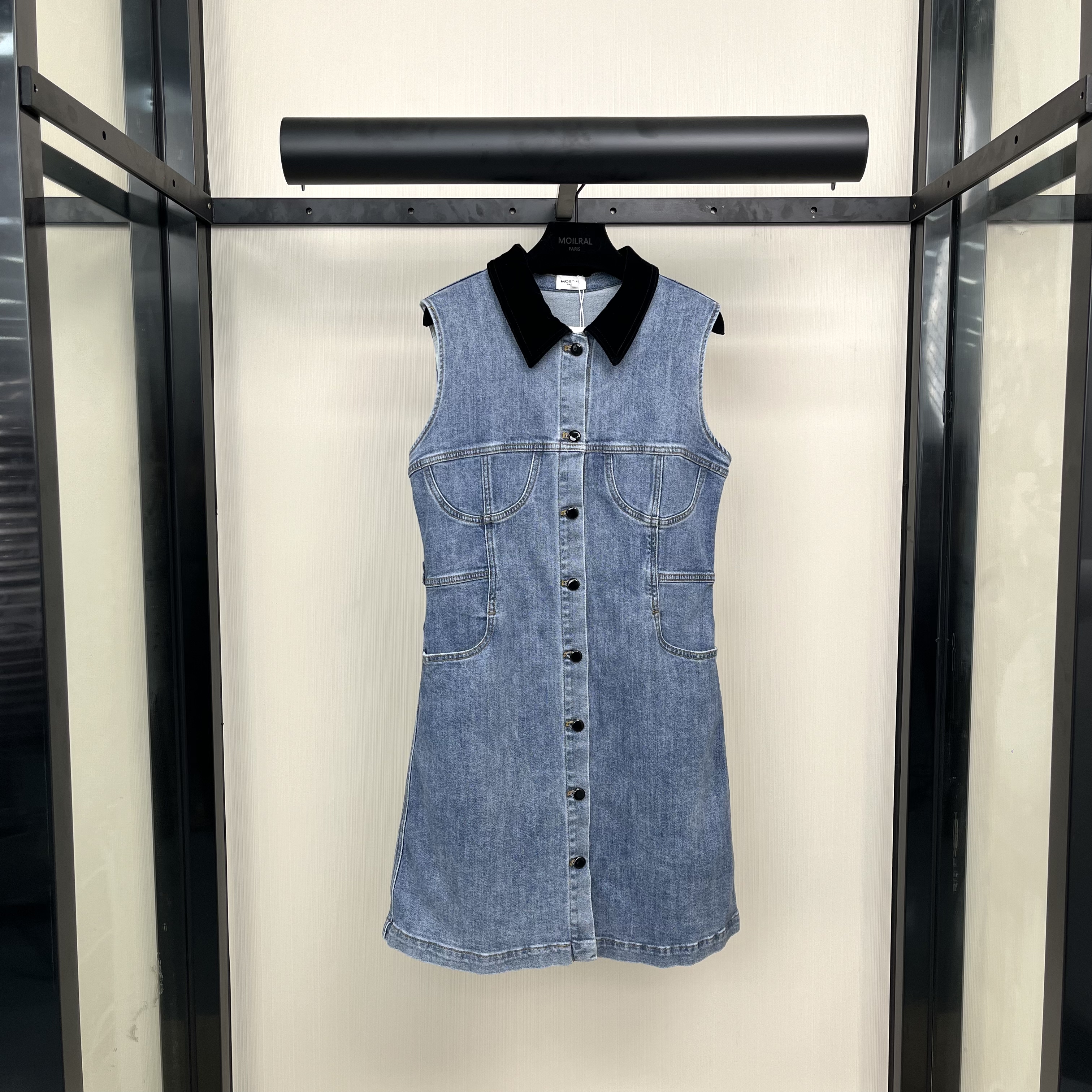 法式复古气质高级感精致女神小翻领牛仔无袖连衣裙170