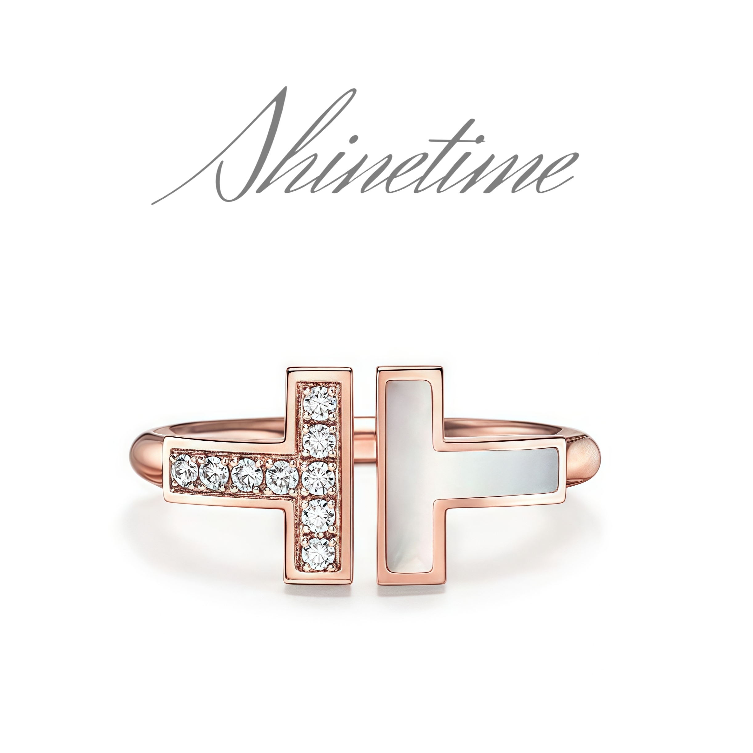 铜合金戒指 SHINETIME镀K金双T轻奢可调节新款简约精致开口戒指