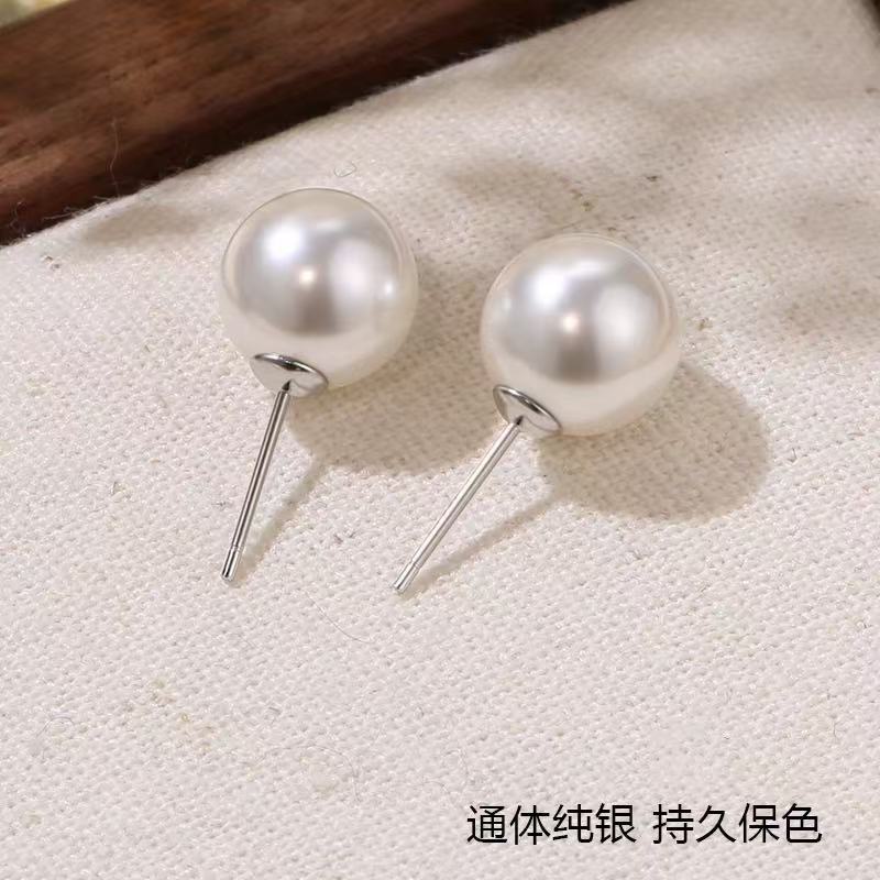 S925银天然淡水真珍珠9-10mm极光小灯泡素珠耳钉百搭日常精致