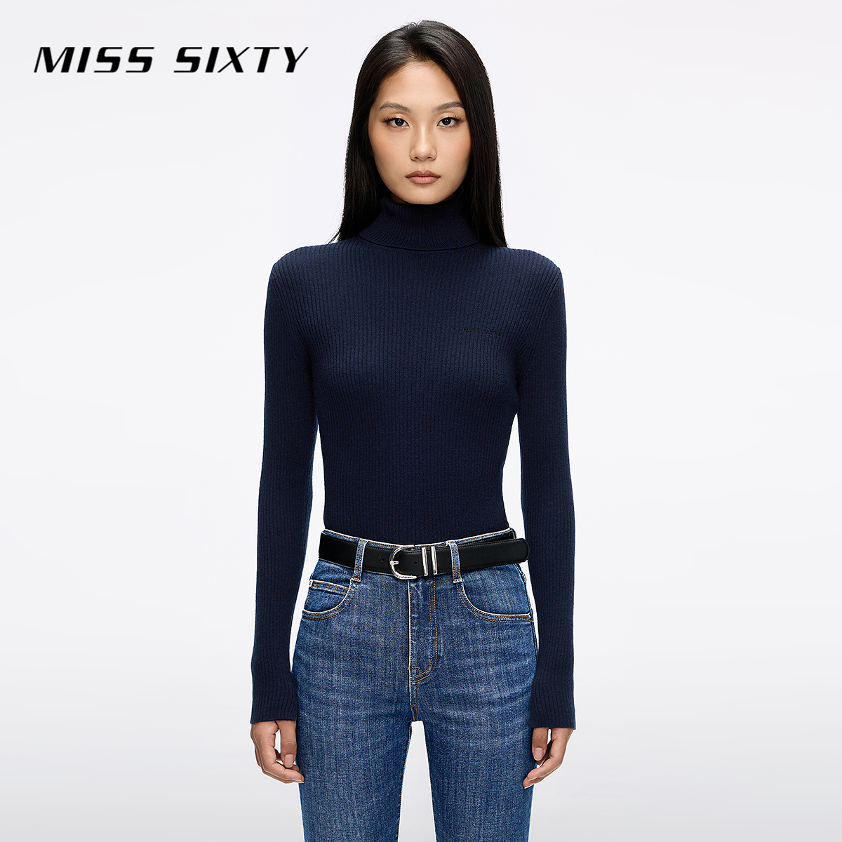 Miss Sixty2025秋季新款羊毛羊绒针织衫女高领长袖简约刺绣流光风
