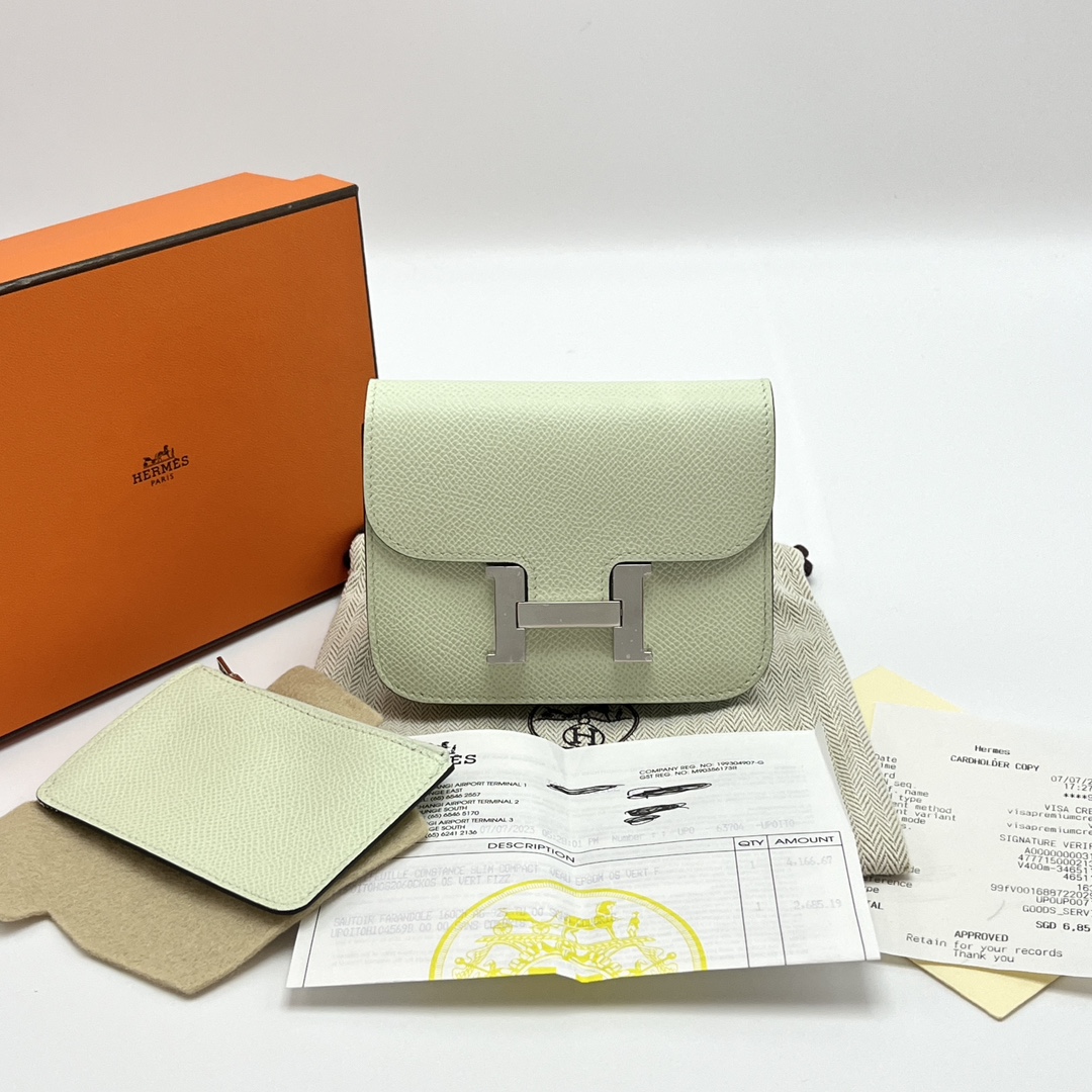 99新 Hermes/爱马仕 气泡绿银扣s1im二合一钱包 61848