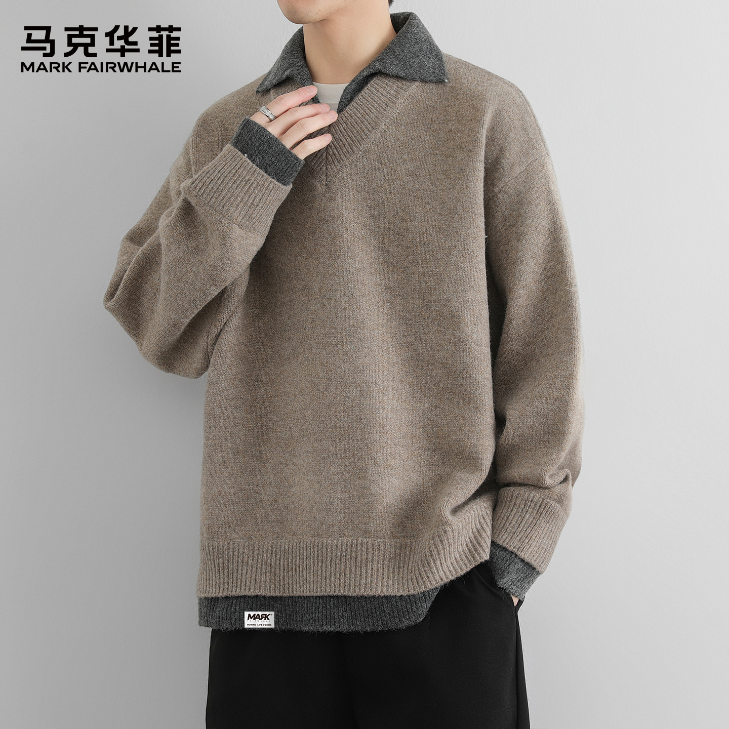 马克华菲羊毛假两件秋冬新款重磅衬衫领长袖针织衫男士灰色毛衣