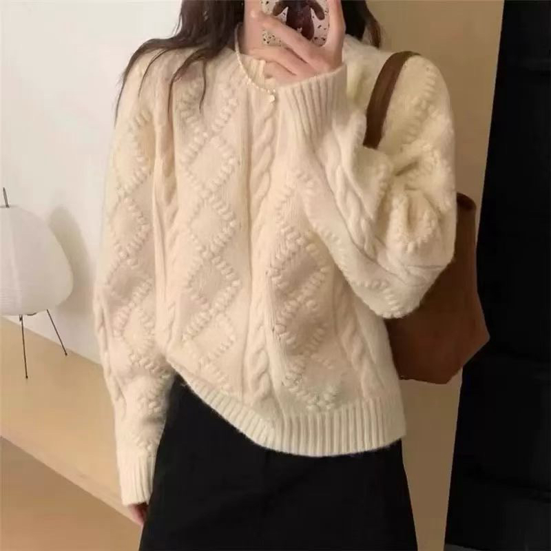 长袖宽松慵懒风纯色麻花针织毛衣女秋冬百搭显瘦