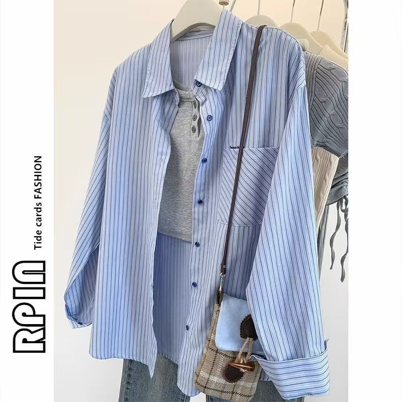 T刺绣长袖条纹休闲衬衫时尚设计感韩版春秋小众宽松百搭蓝色上衣