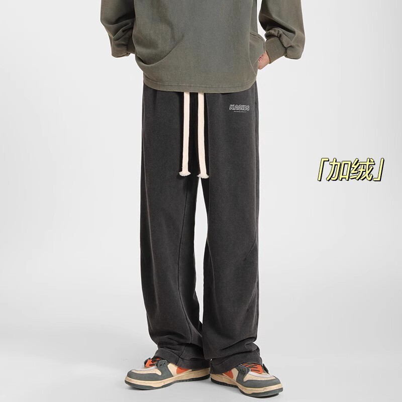 M03-BY美式加绒加厚裤子男秋冬季高街潮牌阔腿直筒裤宽松休闲卫裤