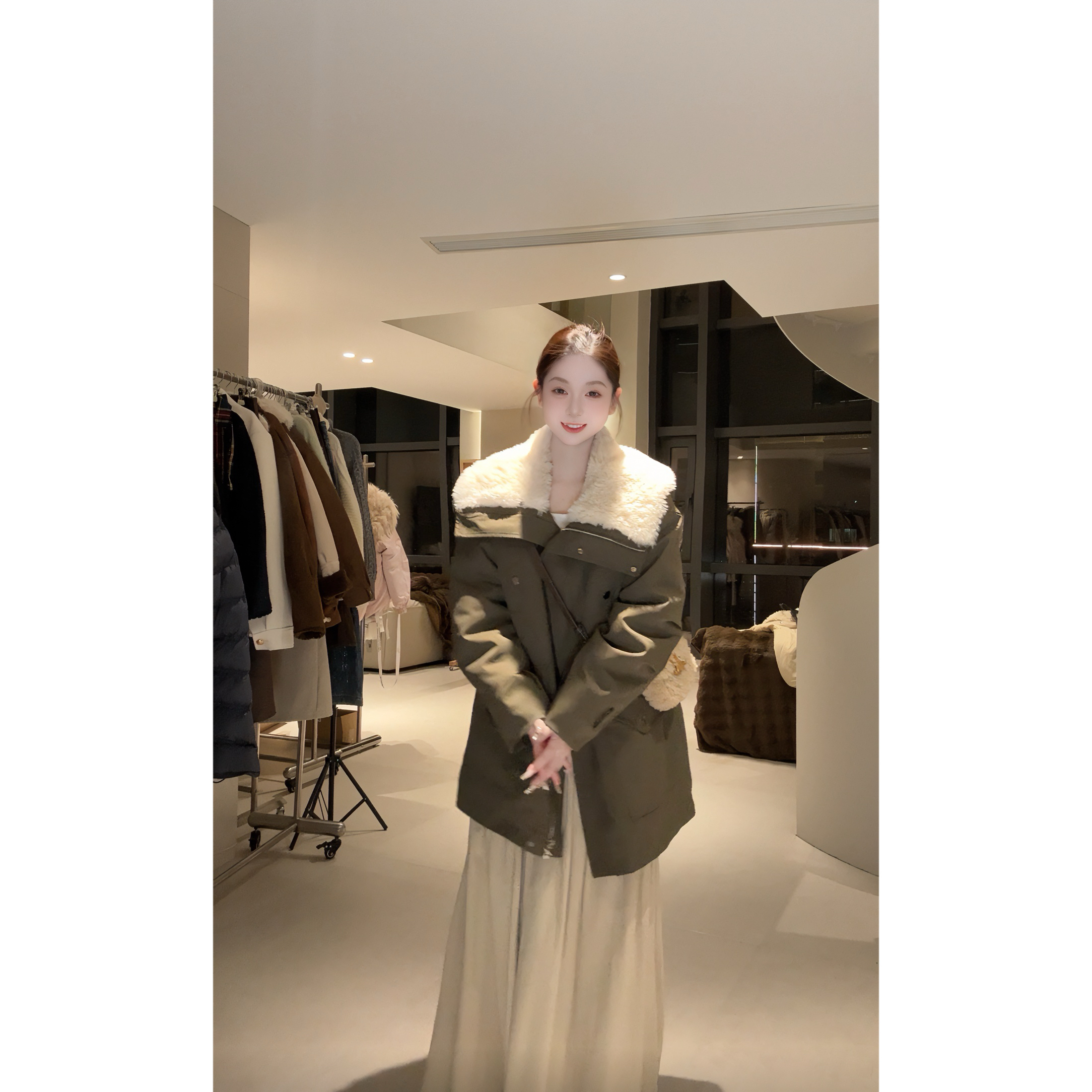 女街头风中长款翻领毛领长袖冬季派克服90990