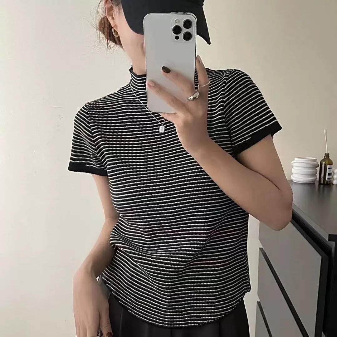 半高领条纹针织衫短袖t恤女2025夏季新款清新修身显瘦短款上衣