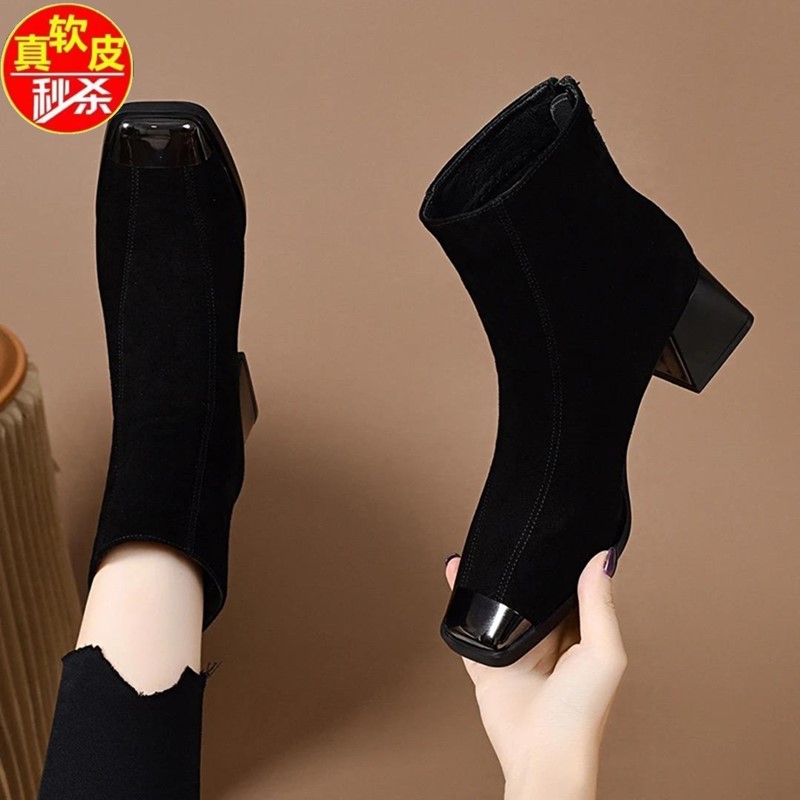 品牌断码磨砂皮短靴女真皮方头粗跟瘦瘦靴子春秋单靴黑色新款女靴