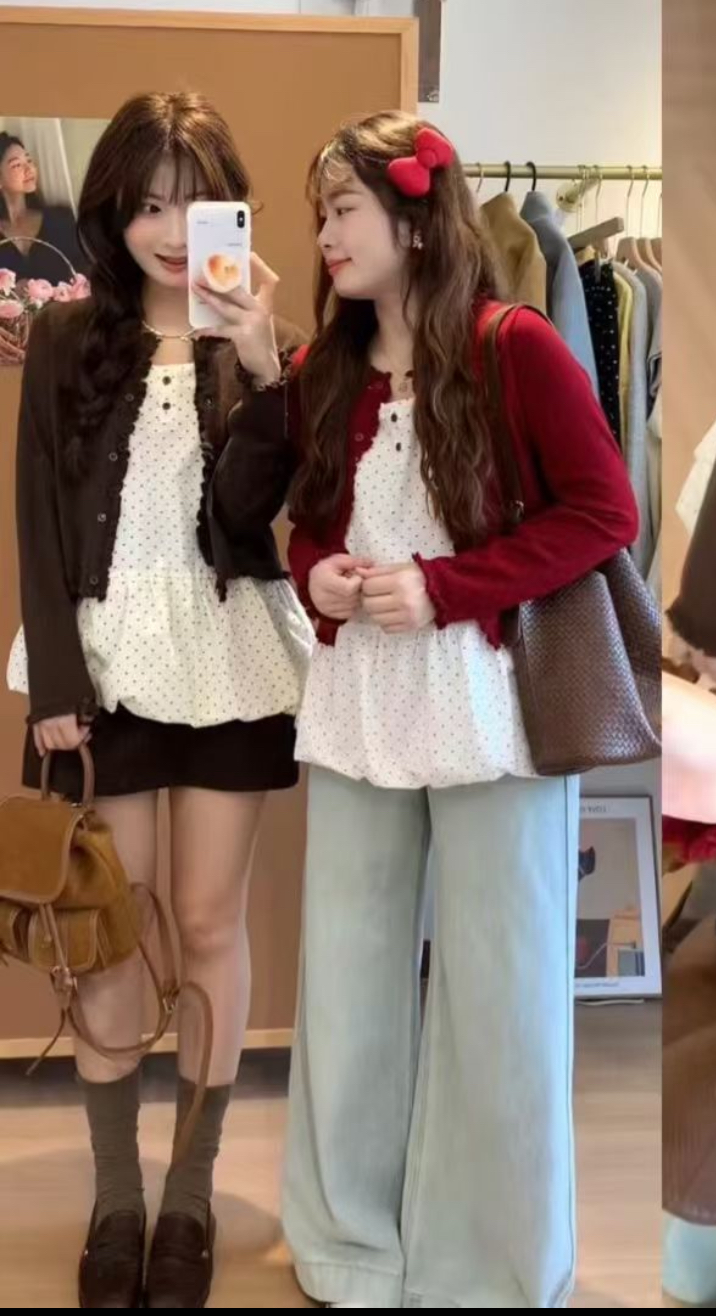 韩系甜美温柔风木耳边开衫+波点花苞背心