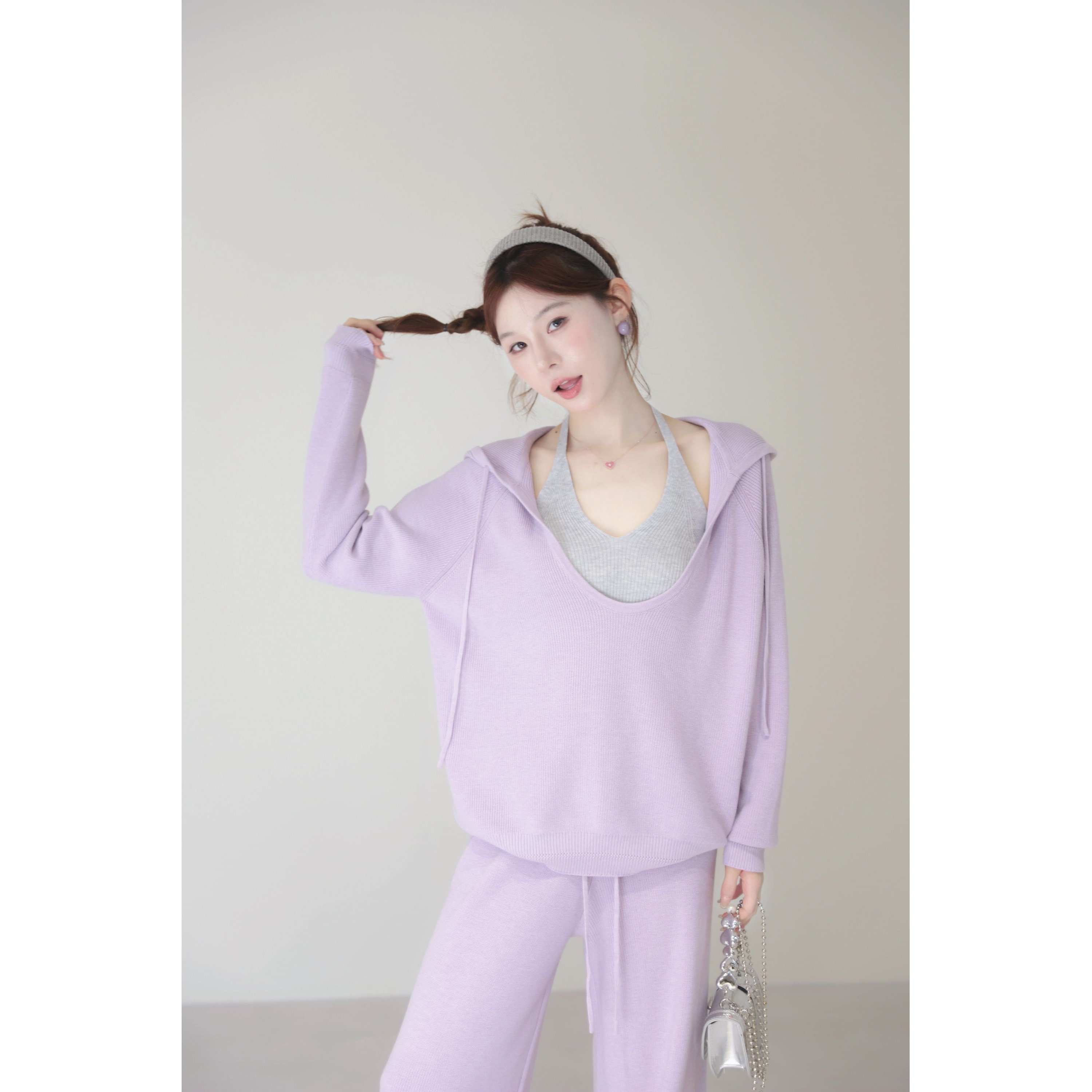 【羊毛】高端线系列美静在这紫色上衣吊带裤子三件套XMZH9428