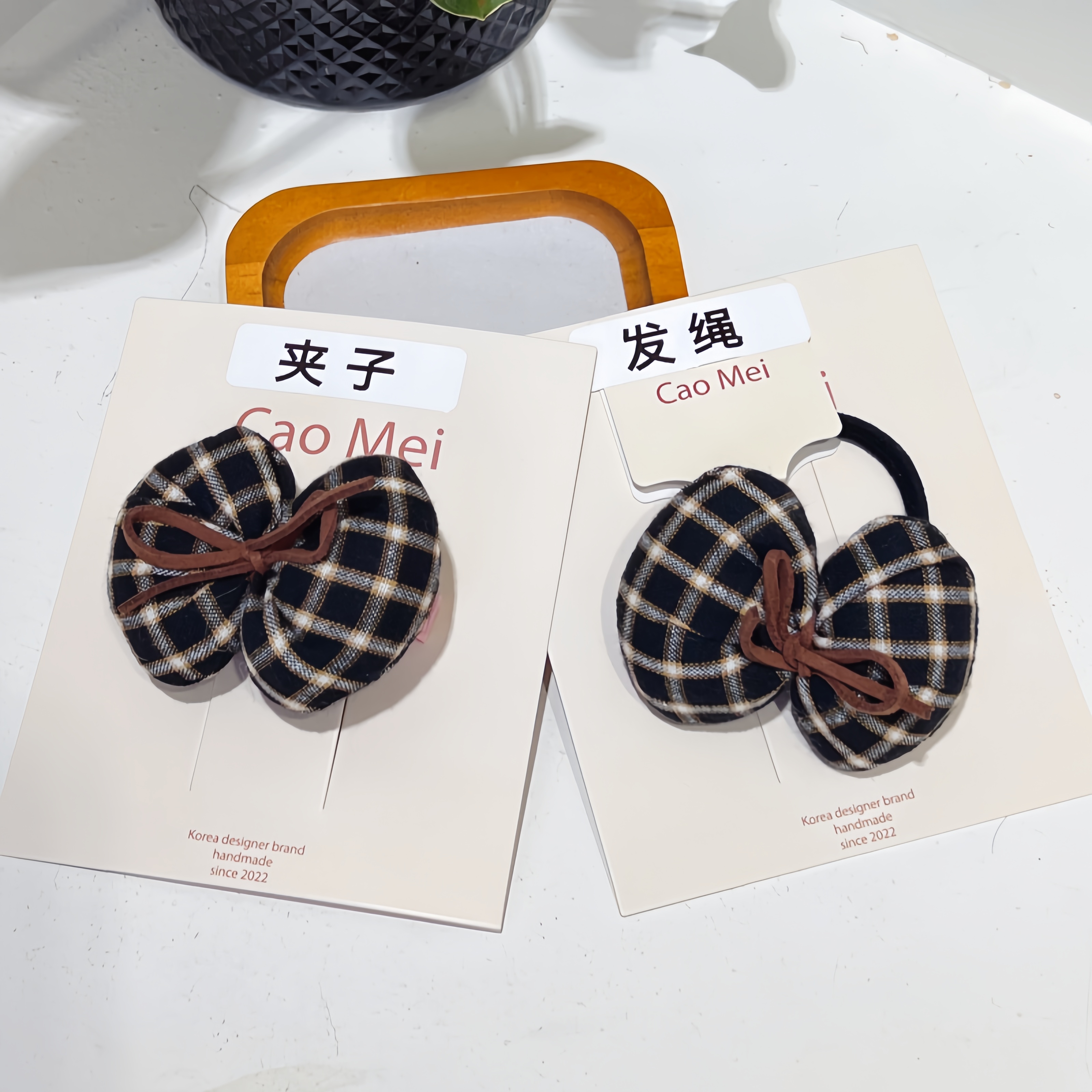 2025卡通秋季新品小香风立体蝴蝶结千鸟格高弹力头绳夹子儿童发饰