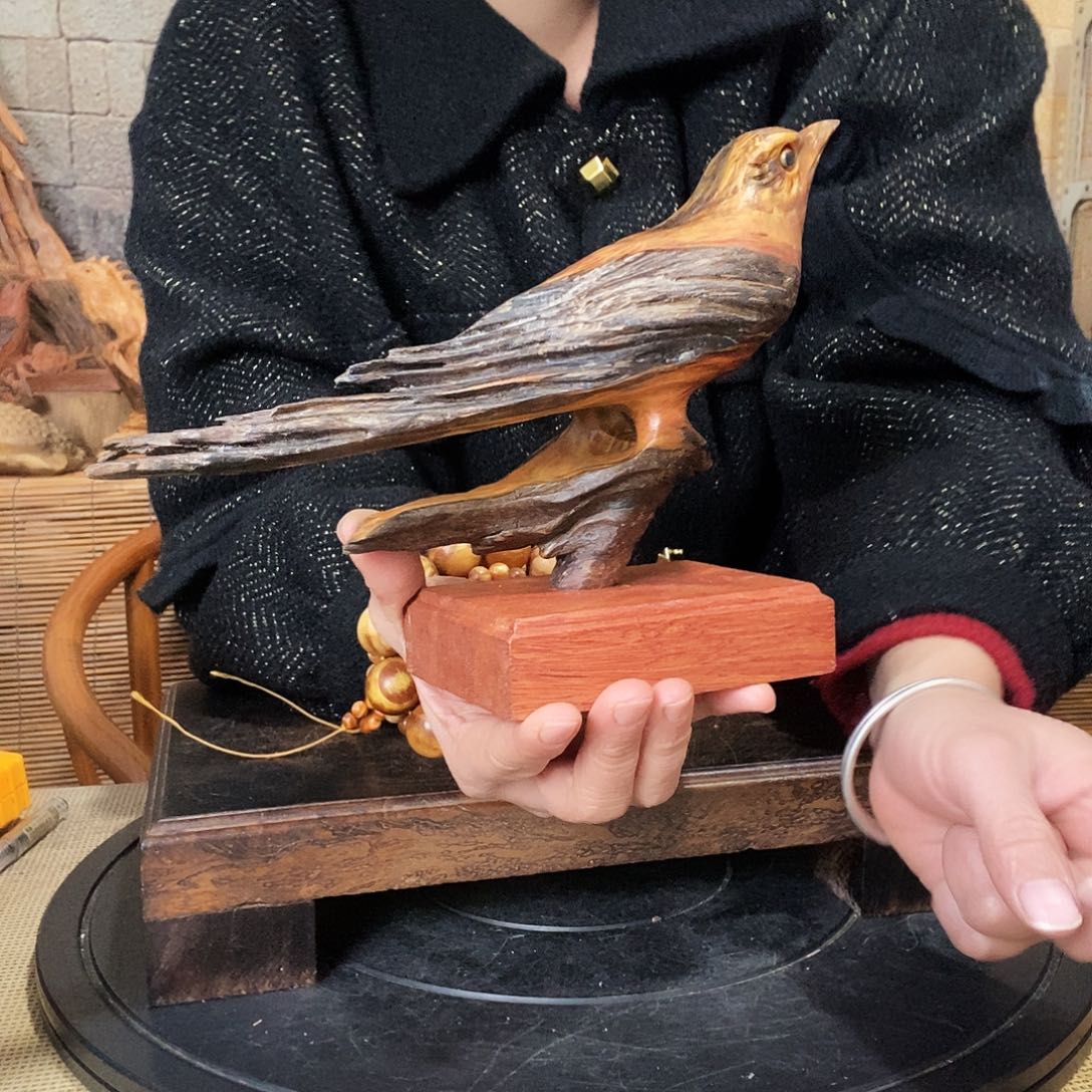 一***深香榧木琥珀木把喜鸟