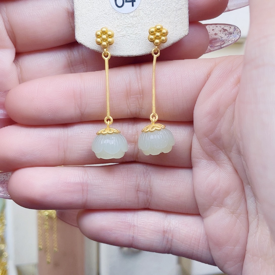 和田玉银S925镀金镶嵌耳饰