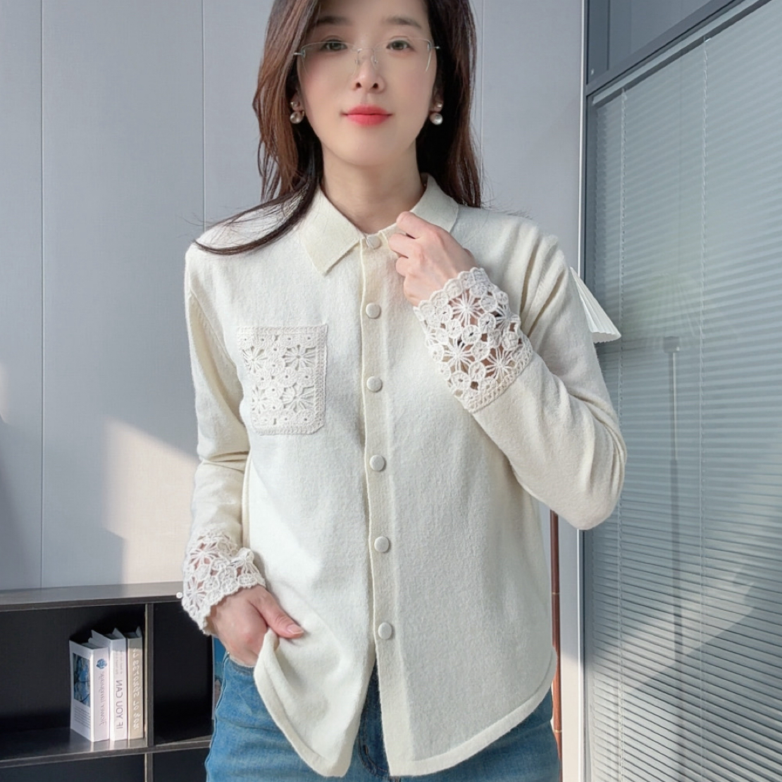 【终生美丽】翻领镂空羊毛针织开衫打底