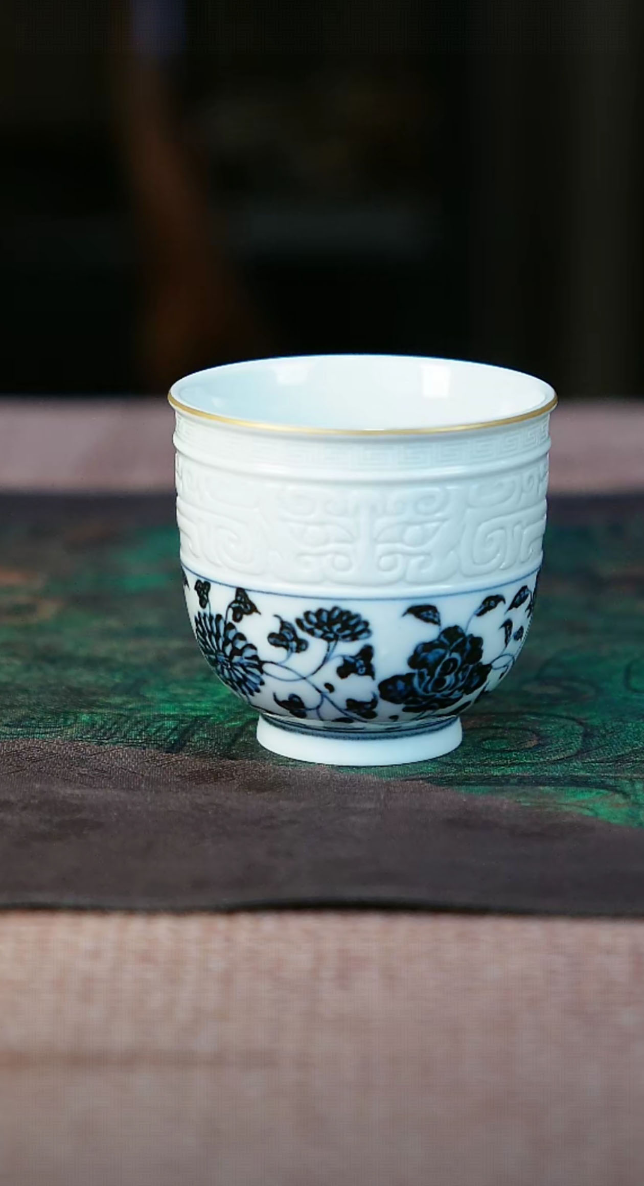 【九鼎】青花·青铜饕餮四季花单杯复古