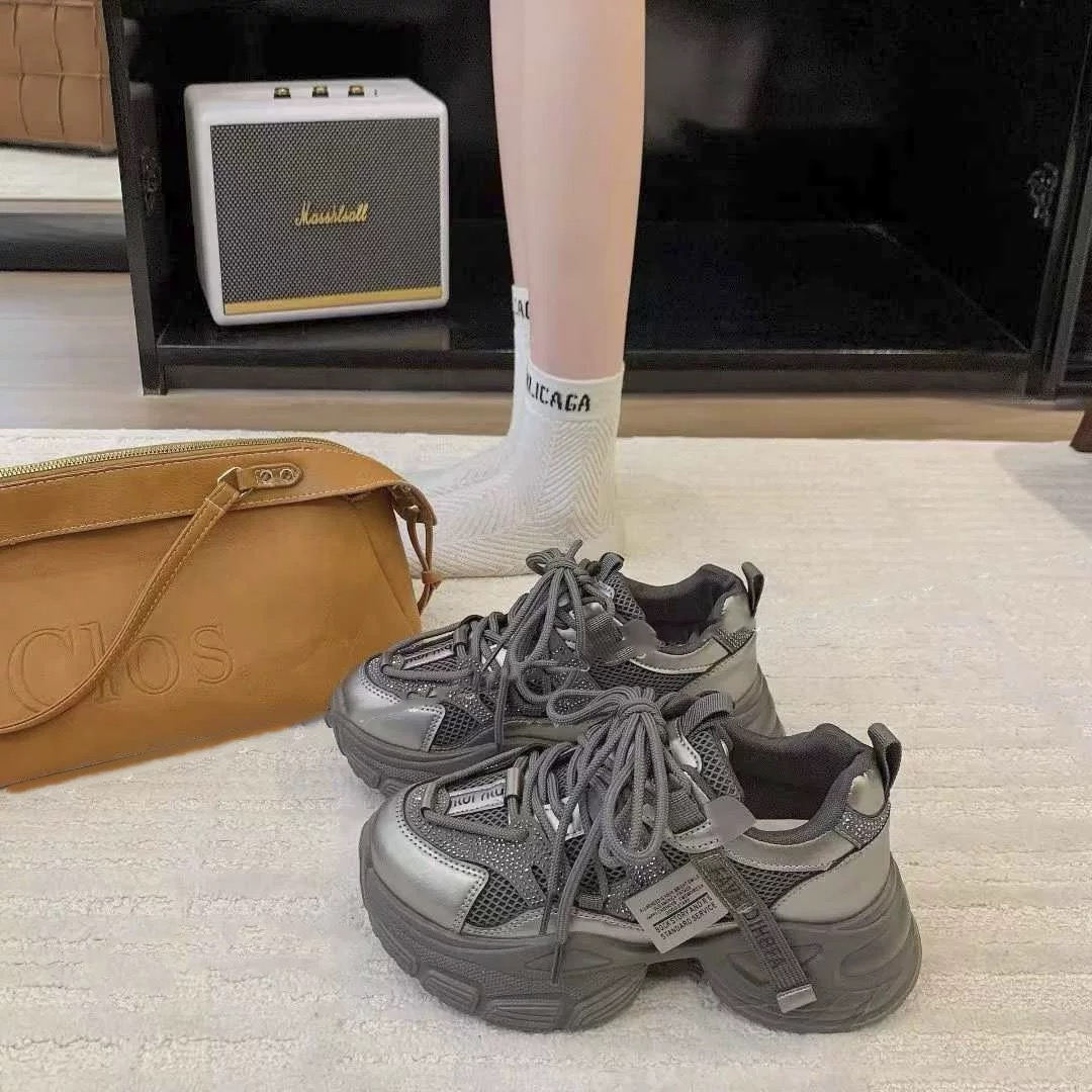 水钻厚底老爹鞋女2025新款小个子厚底休闲运动鞋