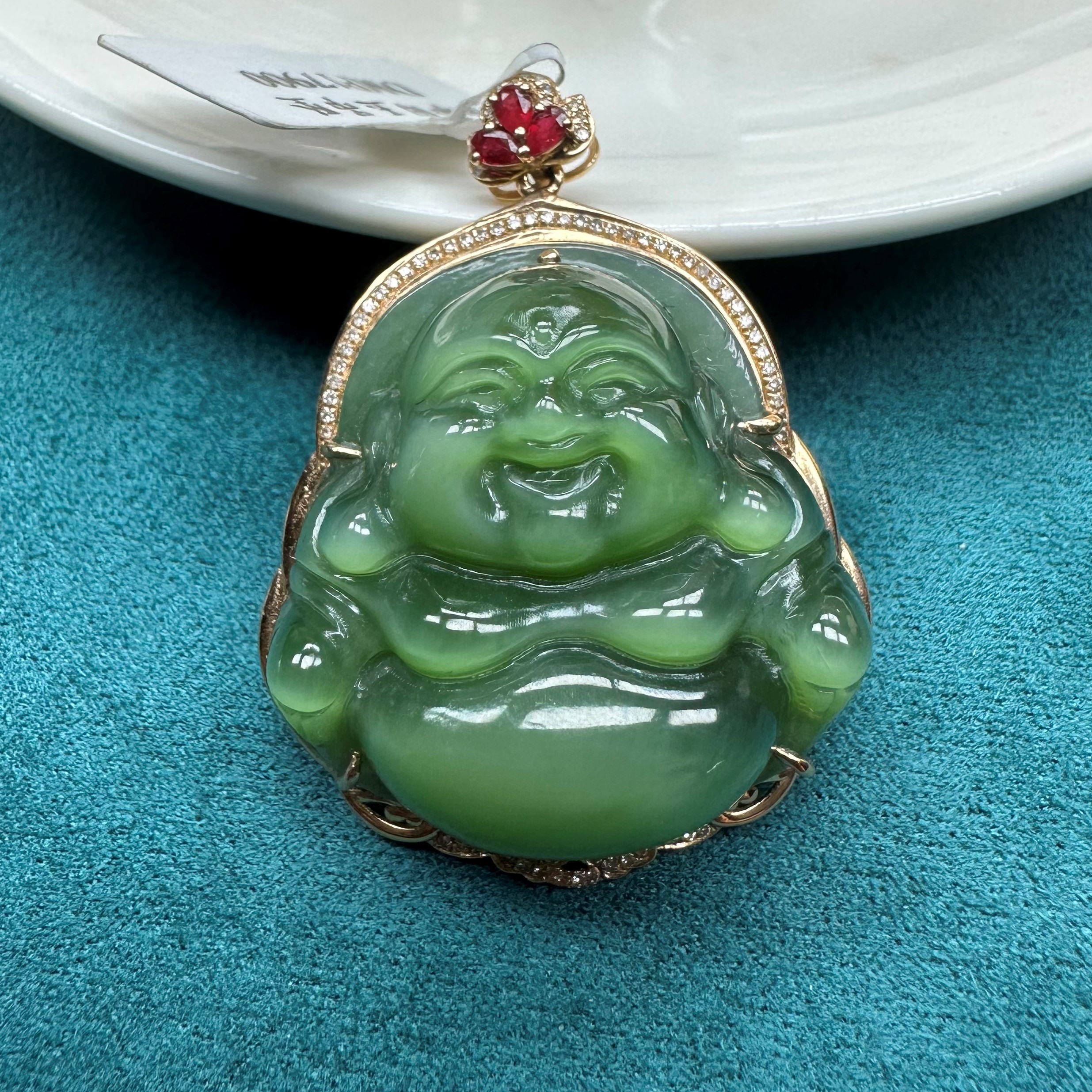 俄料碧玉阳绿猫眼佛公（裸石30*30*11mm）18K金镶嵌吊坠时尚绿色