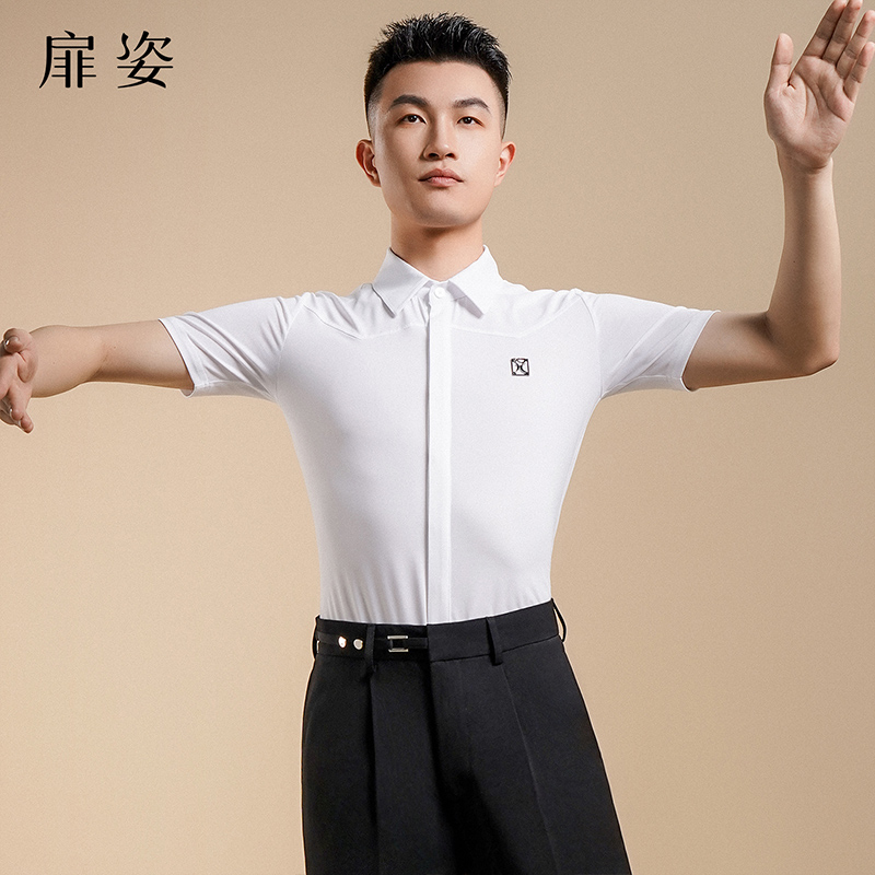 扉姿 男士摩登舞上衣舞蹈练功服成人拉丁舞服跳舞白色衬衫F5016