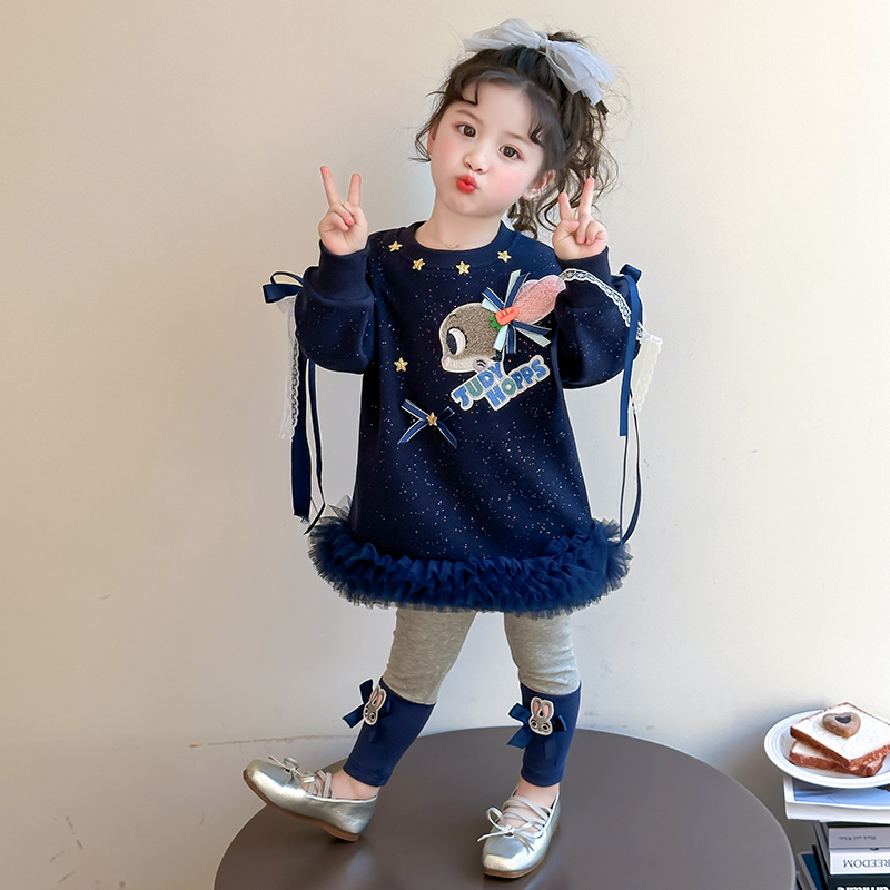 女童春秋套装2025新款女宝兔子警官中小童网纱洋气时髦两件套春装