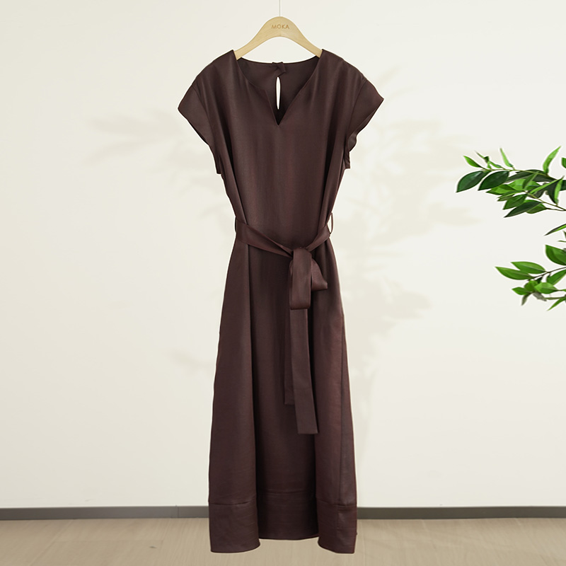 香云纱三年老料V领紫檀色桑蚕丝女士连衣裙（250045）