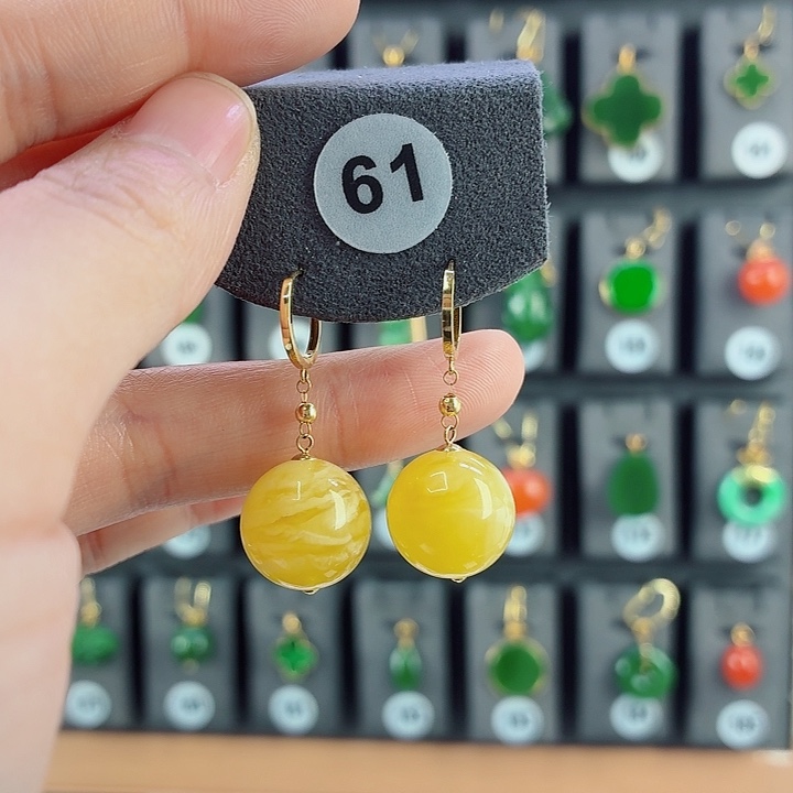 琥珀18K金镶嵌耳饰